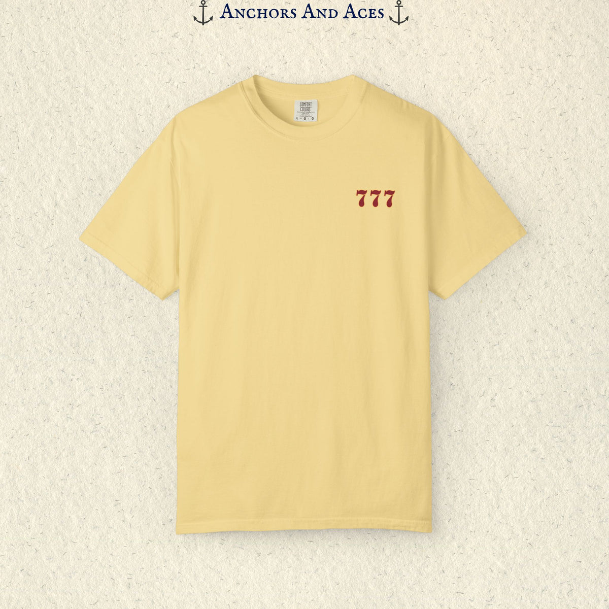Butter Lucky 777s T-shirt showing the small red 777 casino emblem printed on the front chest.