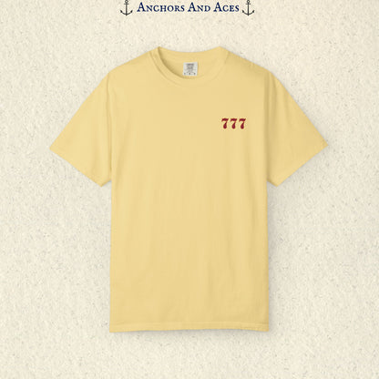 Butter Lucky 777s T-shirt showing the small red 777 casino emblem printed on the front chest.