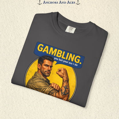 Folded Pepper funny gambling T-shirt showing the retro strongman flexing beneath bold GAMBLING text.
