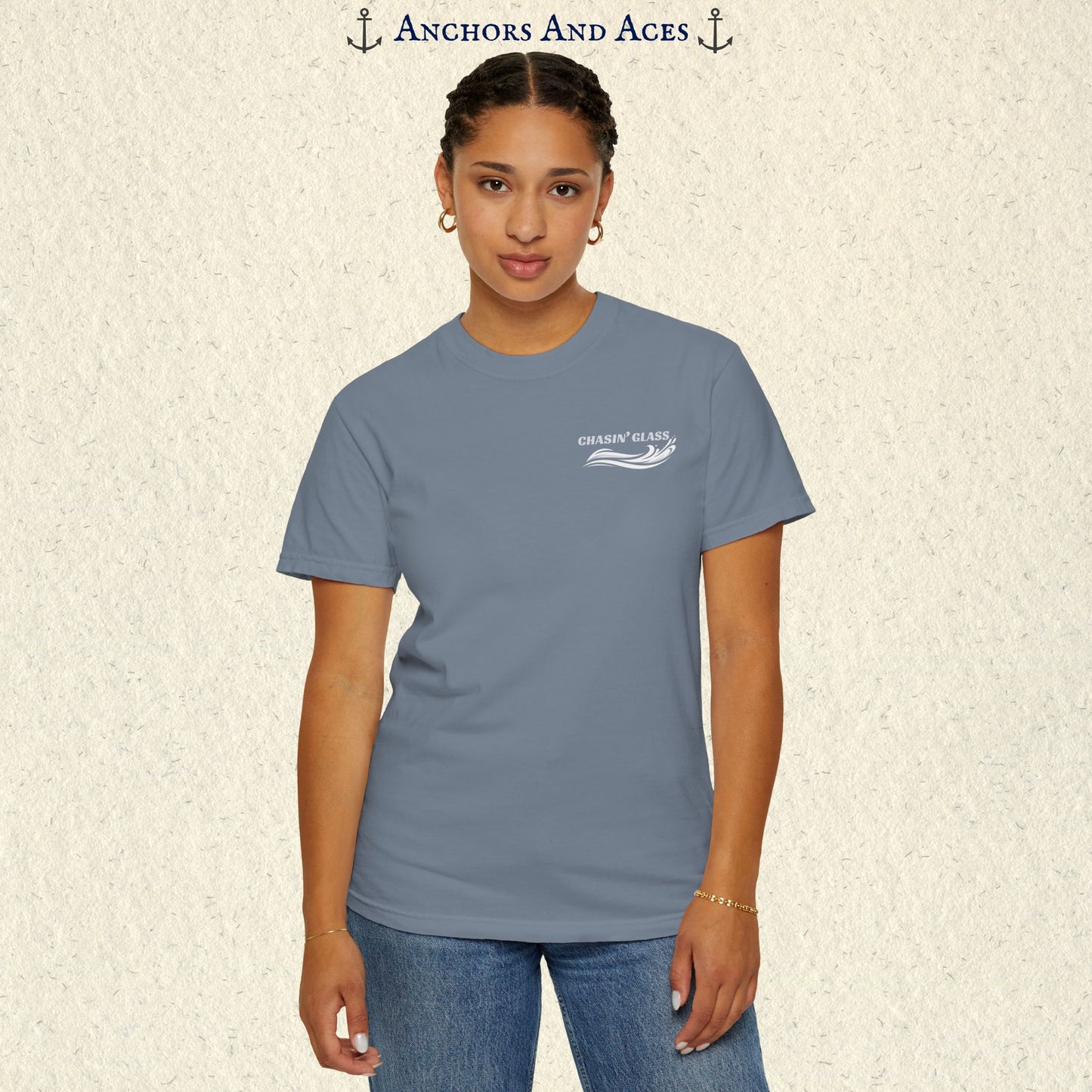 Model wearing a Blue Jean blue vintage water ski T-shirt, front view, with the small white Chasin' Glass text and stylized water splash logo on the left chest.