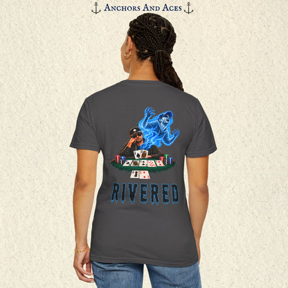 Model wearing RIVERED Texas Hold'em poker graphic tee back view featuring a player at a poker table with playing cards, poker chips, and an electric blue soul rising from his body after a bad beat on the river.  Comfort Colors 1717
