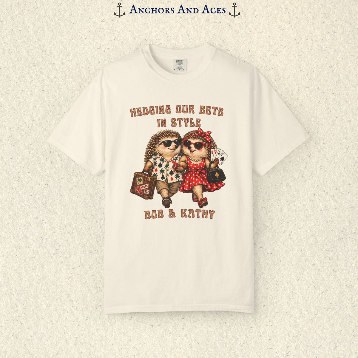 Personalized casino couples shirt with illustrated hedgehog pair, Hedging Our Bets in Style artwork, and Bob & Kathy custom text.