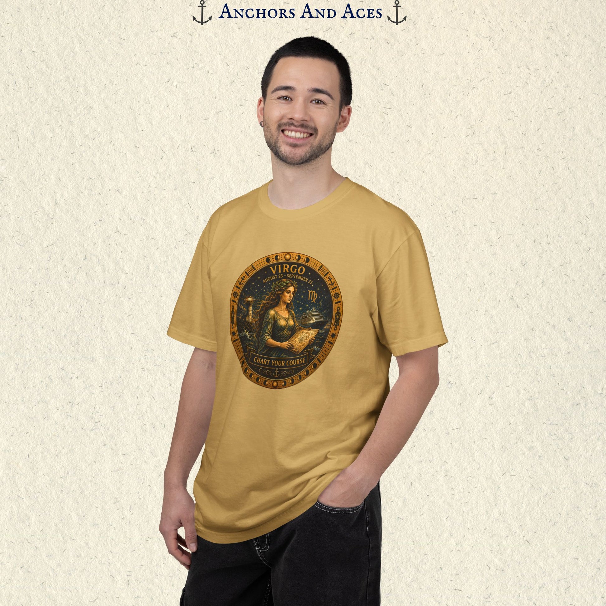 Male model wearing the Virgo Zodiac Shirt with the full-size Virgo maiden celestial medallion graphic on the front.