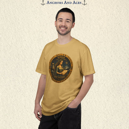 Male model wearing the Virgo Zodiac Shirt with the full-size Virgo maiden celestial medallion graphic on the front.