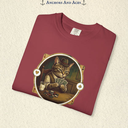 Folded Chili red vintage poker cat shirt showing the card-playing cat and retro casino artwork.