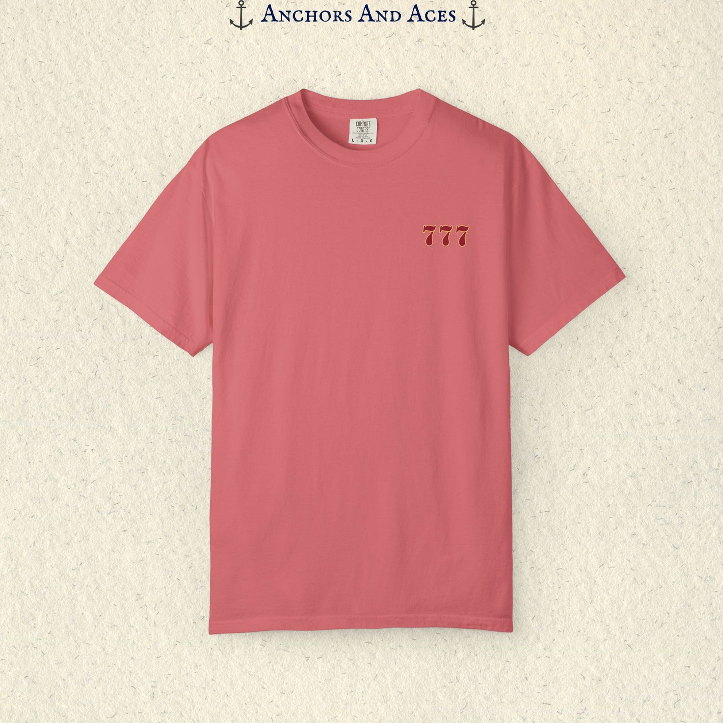 Watermelon Lucky 777s T-shirt showing the small red 777 casino emblem printed on the front chest.