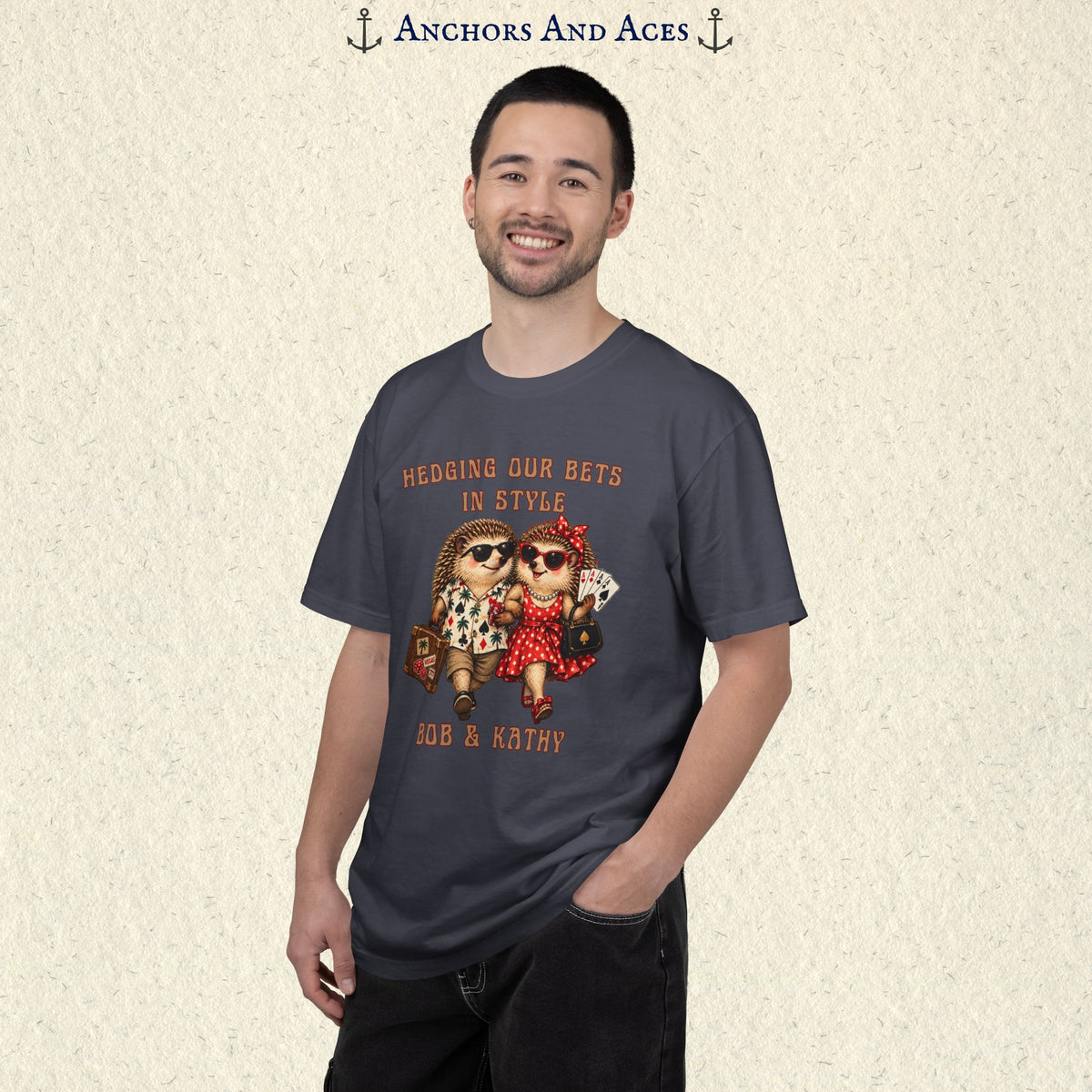 Man wearing matching casino couples tee with arm-in-arm hedgehogs and personalized text beneath the artwork.