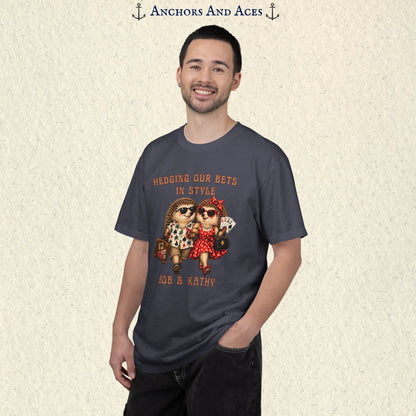 Man wearing matching casino couples tee with arm-in-arm hedgehogs and personalized text beneath the artwork.
