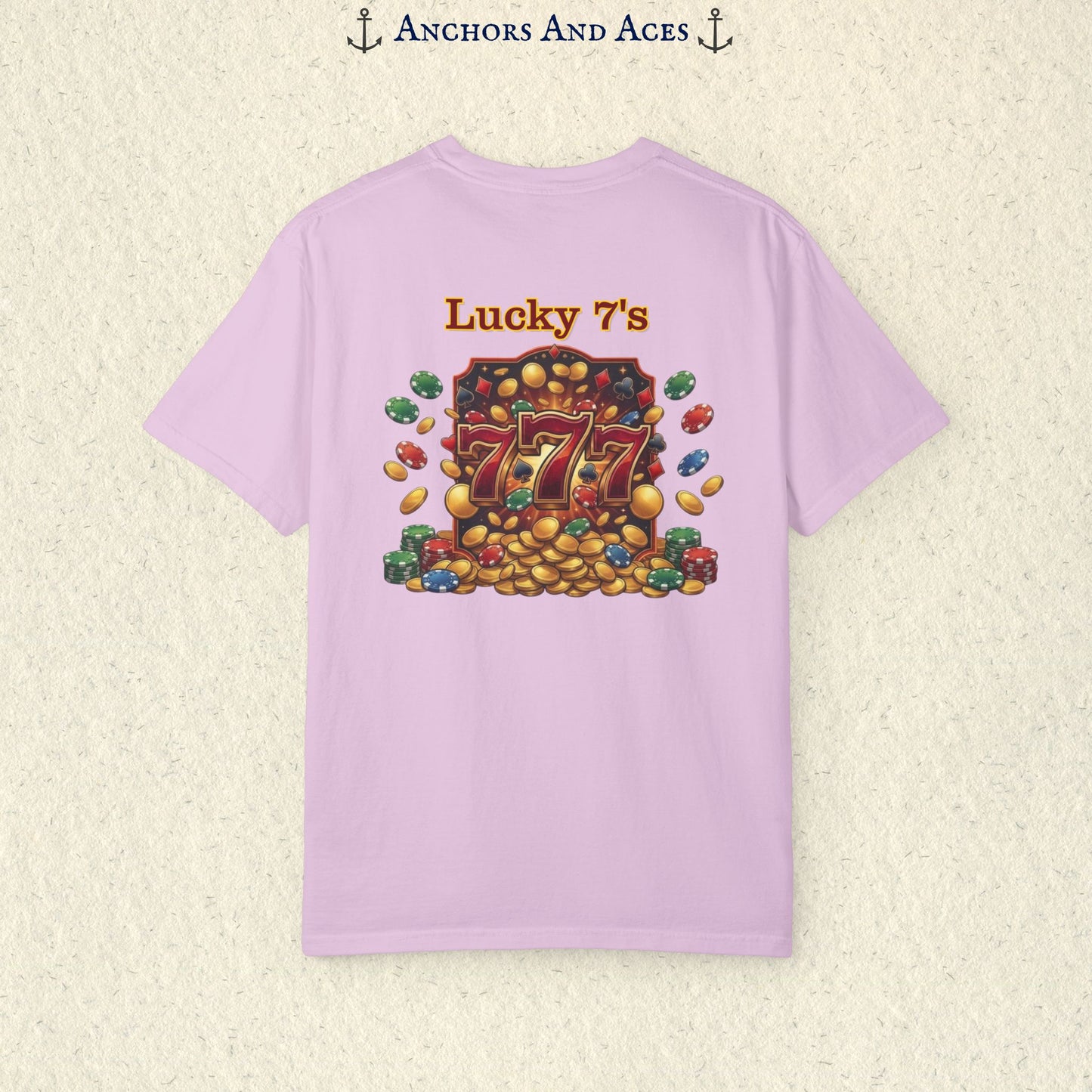 Orchid Lucky 777s T-shirt with colorful vintage casino jackpot artwork and Lucky 7s design printed on the back.