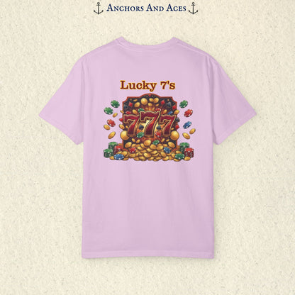 Orchid Lucky 777s T-shirt with colorful vintage casino jackpot artwork and Lucky 7s design printed on the back.