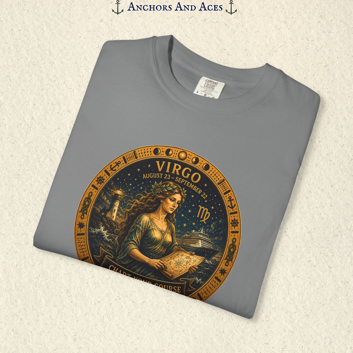 Folded Virgo Zodiac Shirt close-up showing the Virgo maiden celestial medallion front graphic.