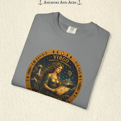 Folded Virgo Zodiac Shirt close-up showing the Virgo maiden celestial medallion front graphic.