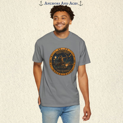 Male model standing in the Sagittarius Zodiac Shirt with the full centaur archer zodiac medallion visible on the front.