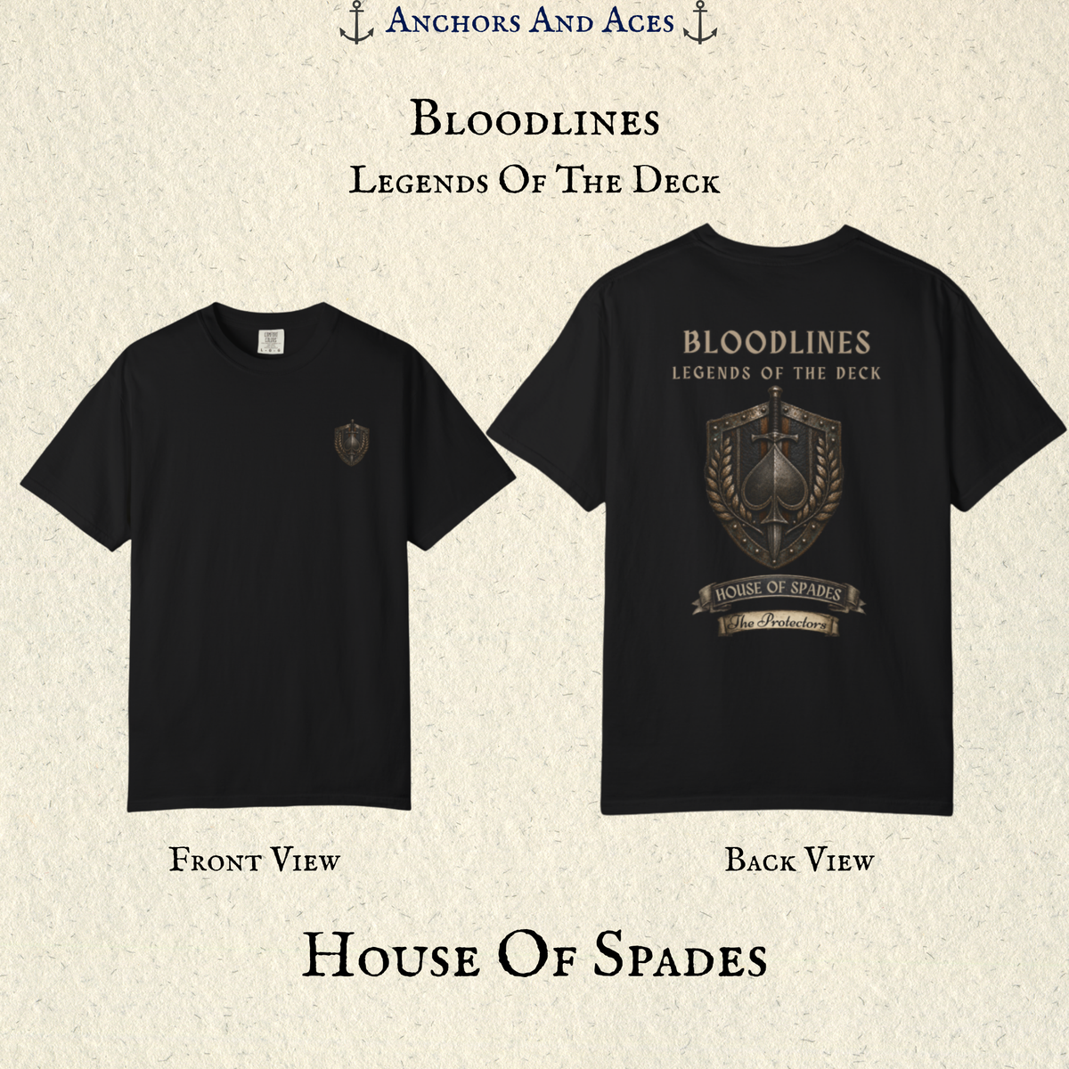 House of Spades playing card shirt shown from the front and back with medieval-inspired heraldic crest artwork.