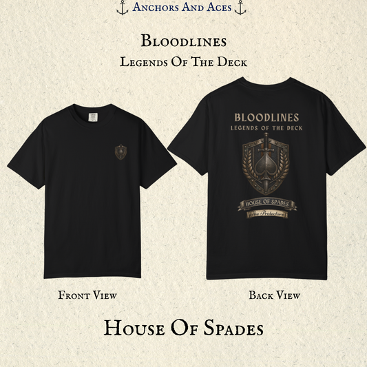House of Spades playing card shirt shown from the front and back with medieval-inspired heraldic crest artwork.