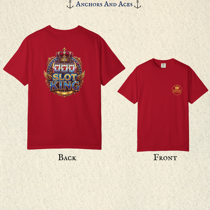 Red Slot King T-shirt shown front and back with a gold chest emblem and crowned 777 slot machine design.