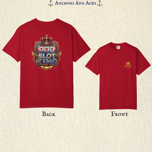 Red Slot King T-shirt shown front and back with a gold chest emblem and crowned 777 slot machine design.