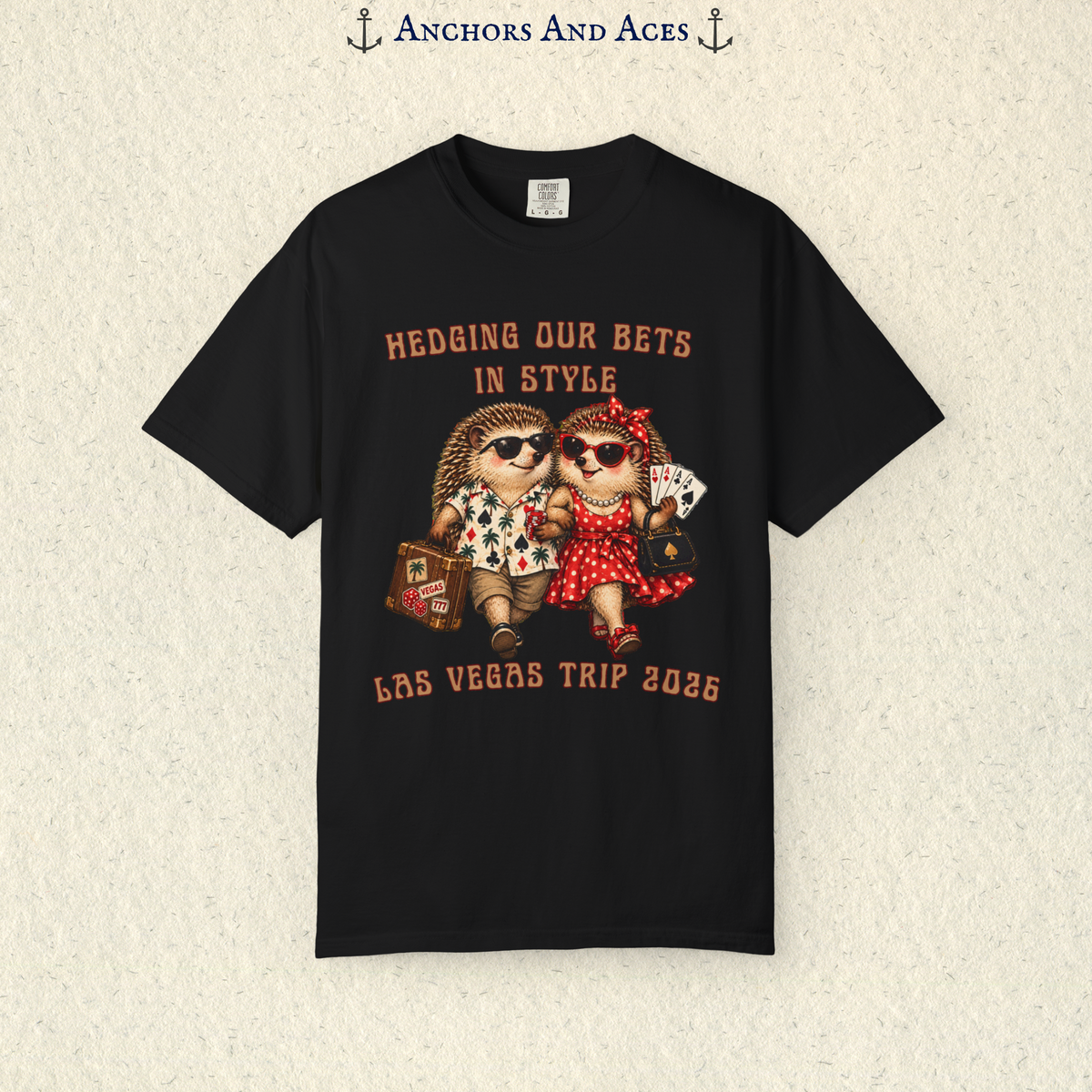 Personalized Vegas trip casino shirt with hedgehog couple artwork and Las Vegas Trip 2026 custom text beneath the design.