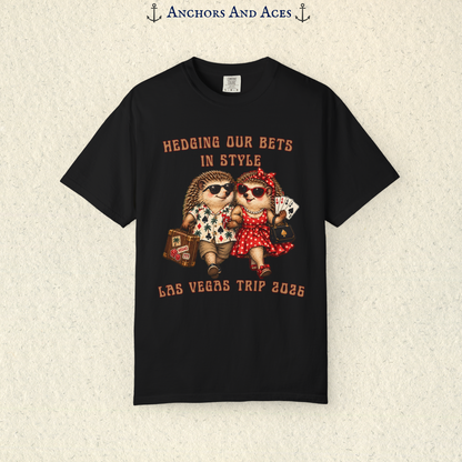 Personalized Vegas trip casino shirt with hedgehog couple artwork and Las Vegas Trip 2026 custom text beneath the design.