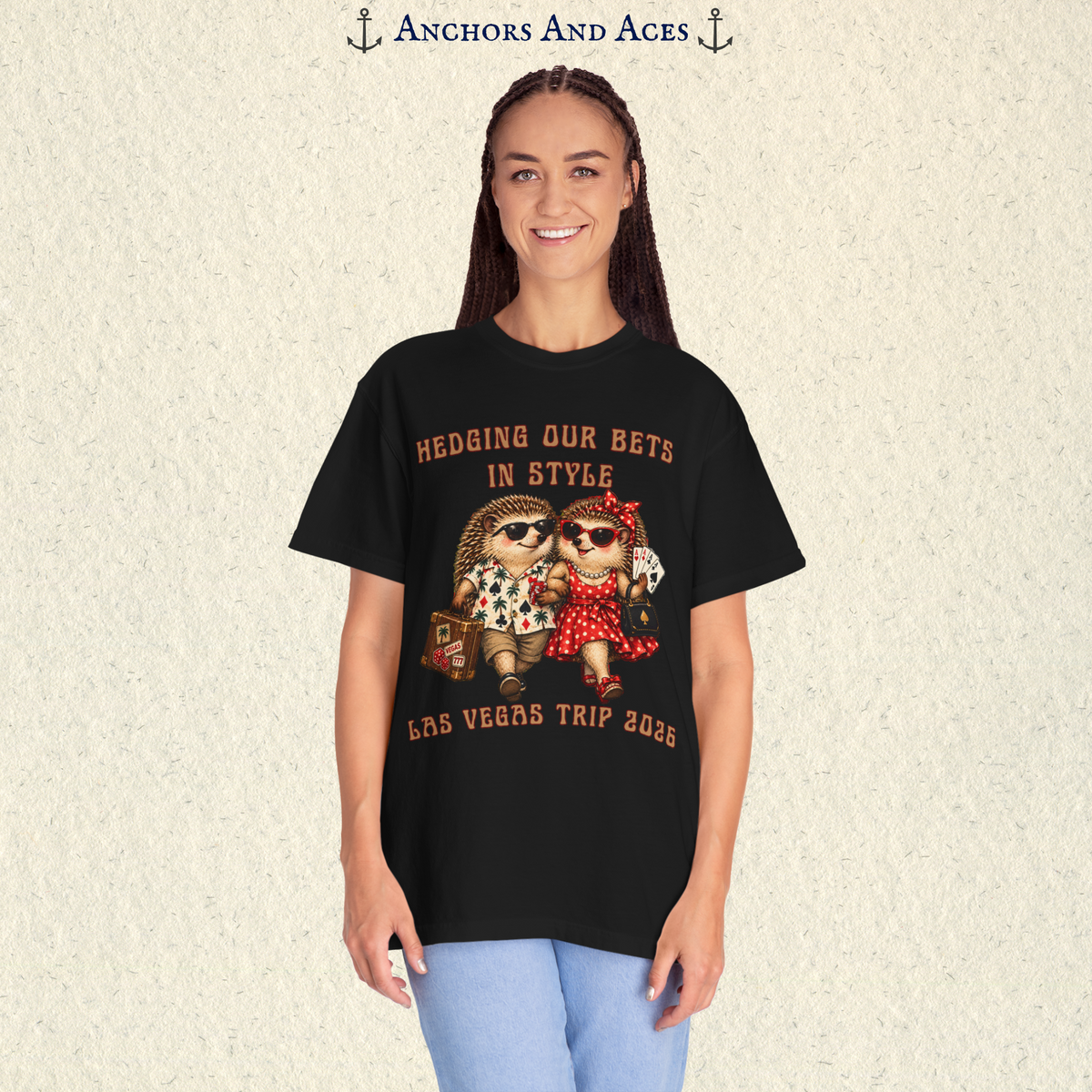 Front view of woman wearing Hedging Our Bets in Style gambling shirt with illustrated hedgehog couple and custom wording.