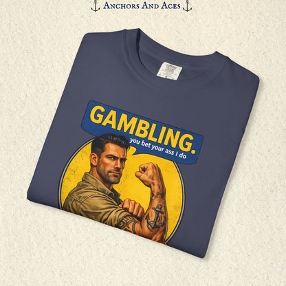 Folded Denim funny gambling T-shirt showing the retro strongman flexing beneath bold GAMBLING text.