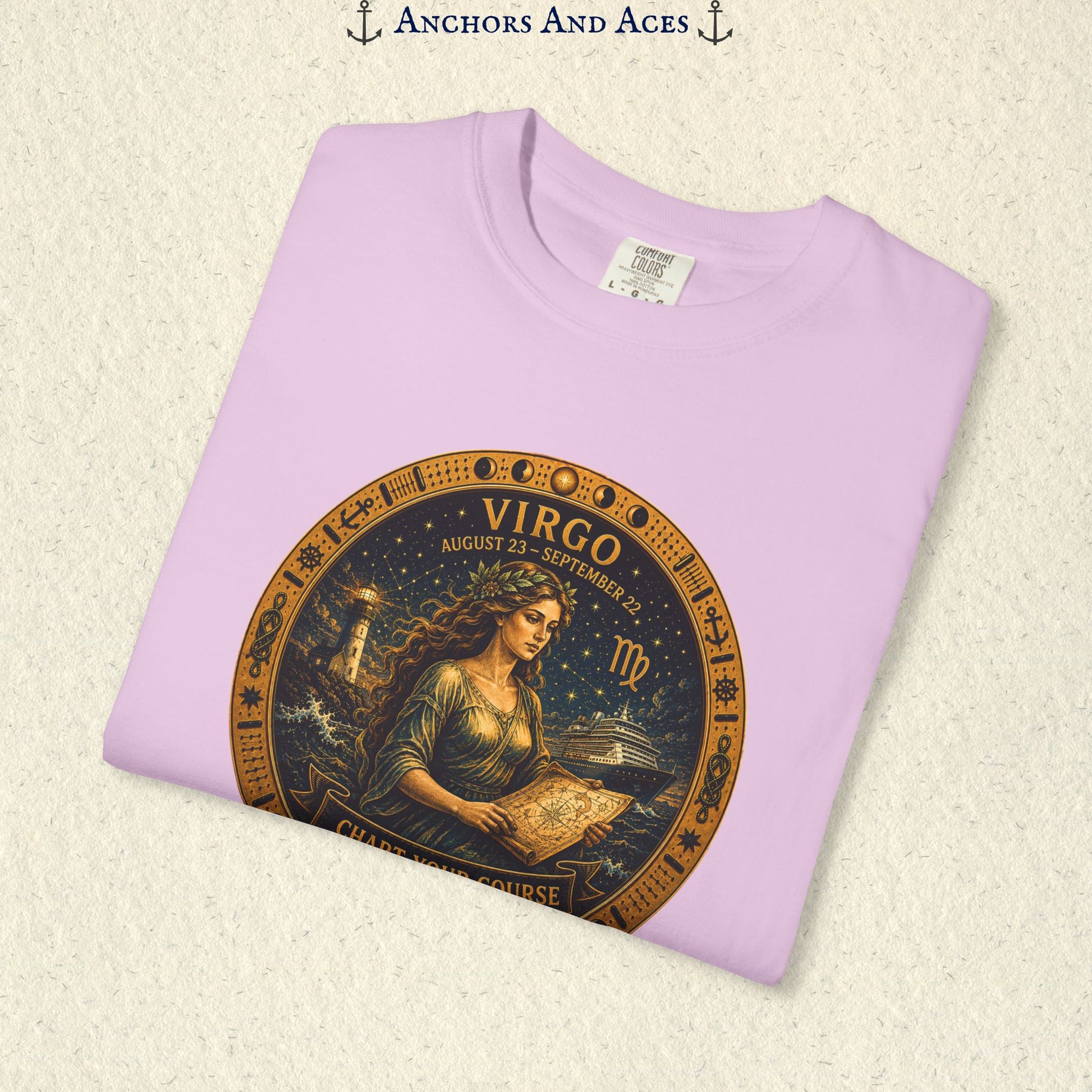 Folded Virgo Zodiac Shirt close-up showing the Virgo maiden celestial medallion front graphic.