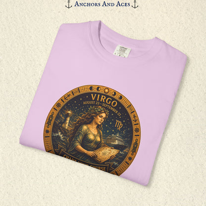 Folded Virgo Zodiac Shirt close-up showing the Virgo maiden celestial medallion front graphic.