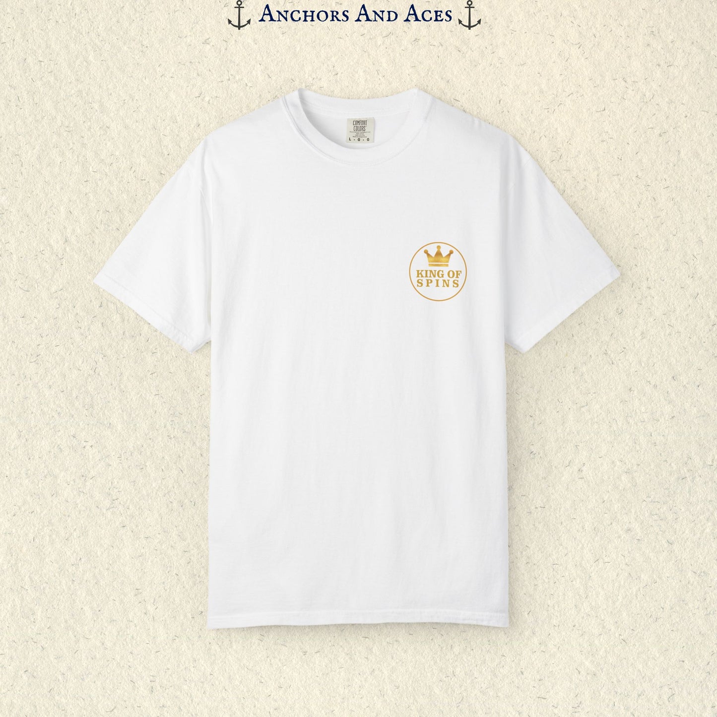 White Slot King T-shirt with a small gold King of Spins emblem on the front chest.