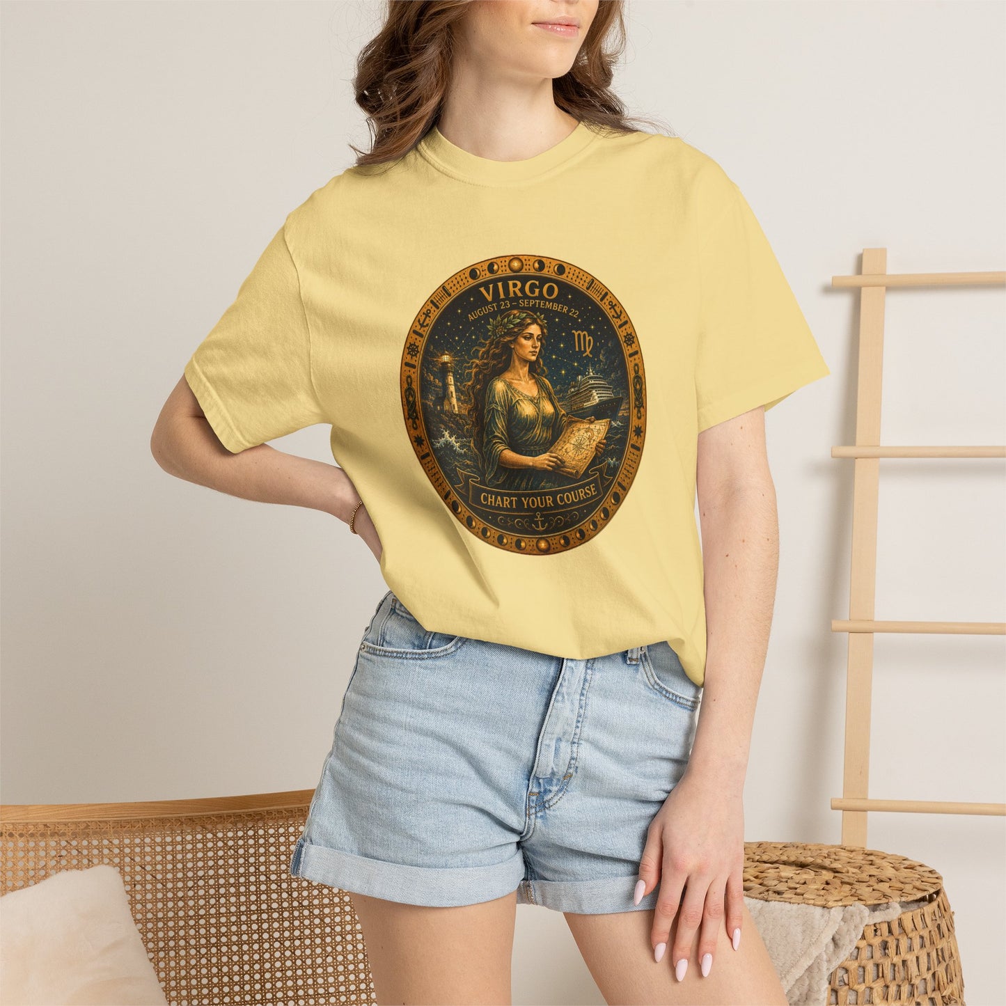 Female model wearing the Virgo Zodiac Shirt with the full-size Virgo maiden celestial medallion graphic on the front.