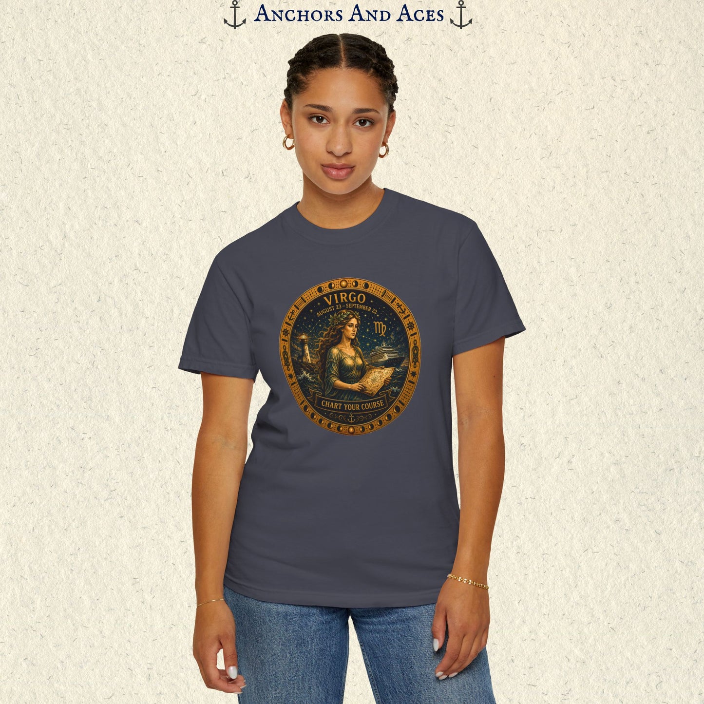 Female model wearing the Virgo Zodiac Shirt with the full-size Virgo maiden celestial medallion graphic on the front.