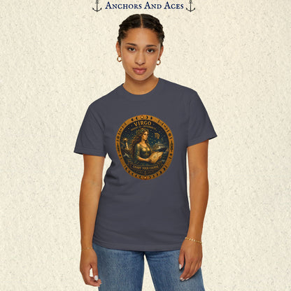 Female model wearing the Virgo Zodiac Shirt with the full-size Virgo maiden celestial medallion graphic on the front.