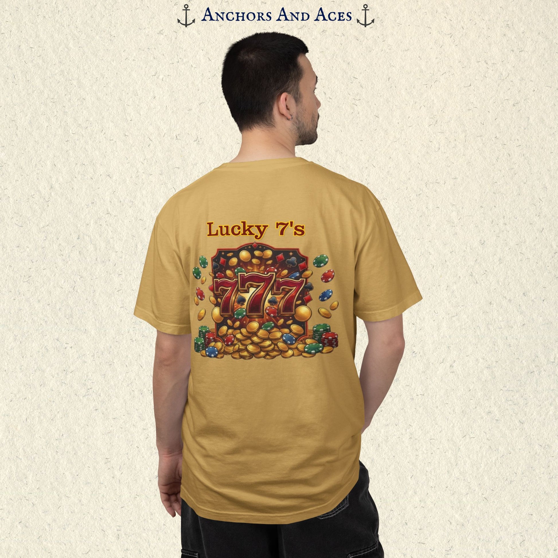 Model wearing a Mustard Lucky 777s T-shirt with colorful vintage casino jackpot artwork and Lucky 7s design on the back.