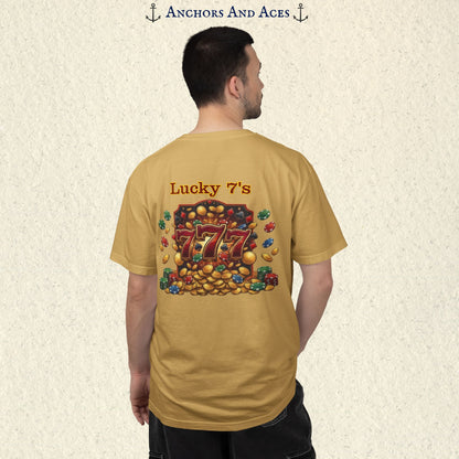 Model wearing a Mustard Lucky 777s T-shirt with colorful vintage casino jackpot artwork and Lucky 7s design on the back.