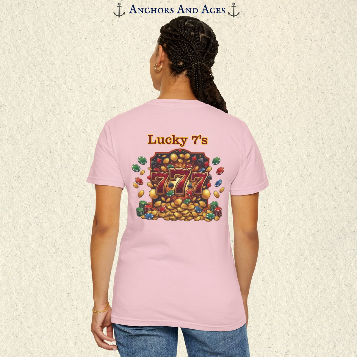 Model wearing a Blossom Lucky 777s T-shirt with colorful vintage casino jackpot artwork and Lucky 7s design on the back.