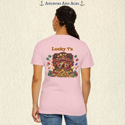 Model wearing a Blossom Lucky 777s T-shirt with colorful vintage casino jackpot artwork and Lucky 7s design on the back.