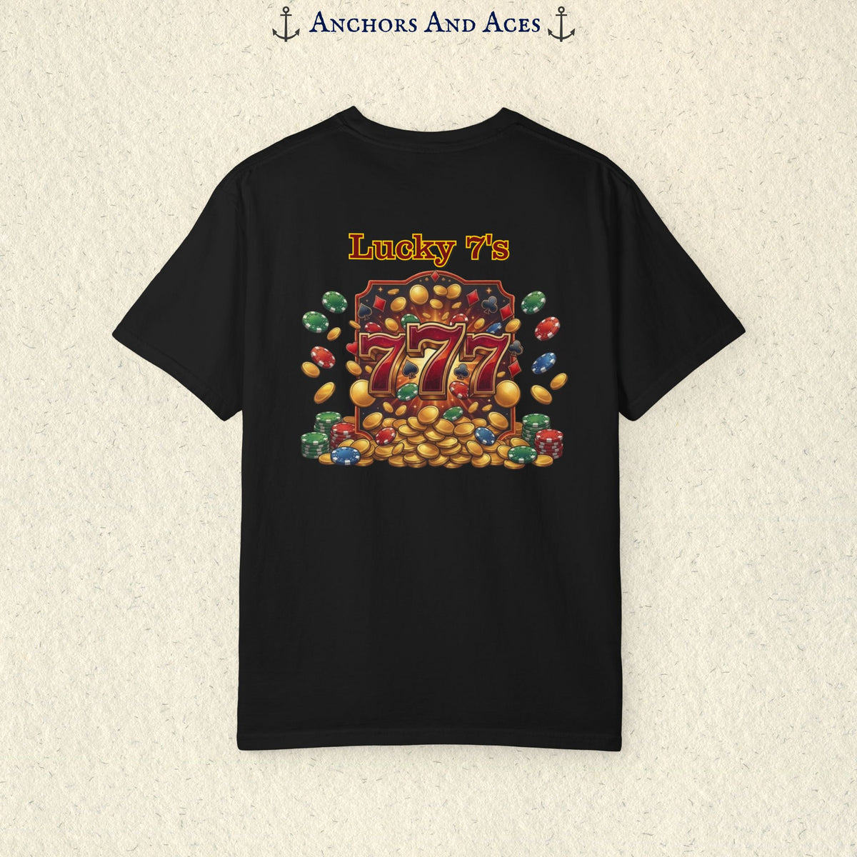 Black Lucky 777s T-shirt with colorful vintage casino jackpot artwork and Lucky 7s design printed on the back.