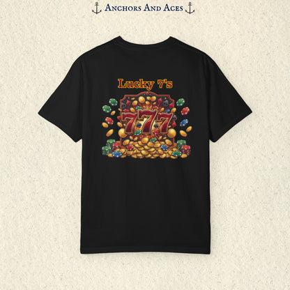 Black Lucky 777s T-shirt with colorful vintage casino jackpot artwork and Lucky 7s design printed on the back.