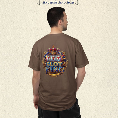 Man wearing an Espresso Slot King T-shirt with the crowned 777 slot machine artwork on the back.
