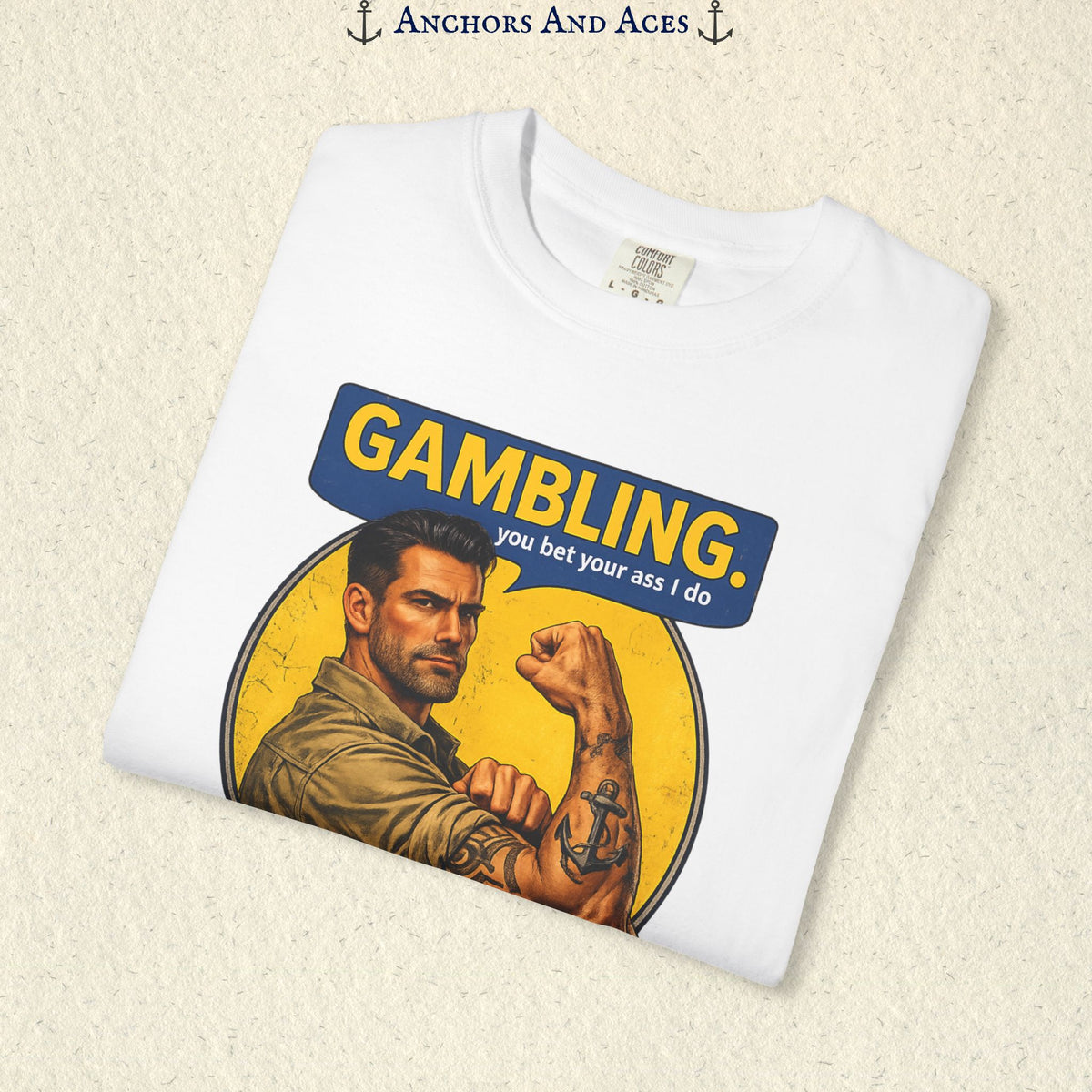 Folded White funny gambling T-shirt showing the retro strongman flexing beneath bold GAMBLING text.