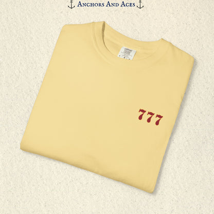 Folded Butter Lucky 777s T-shirt showing the small red 777 casino emblem on the front chest.