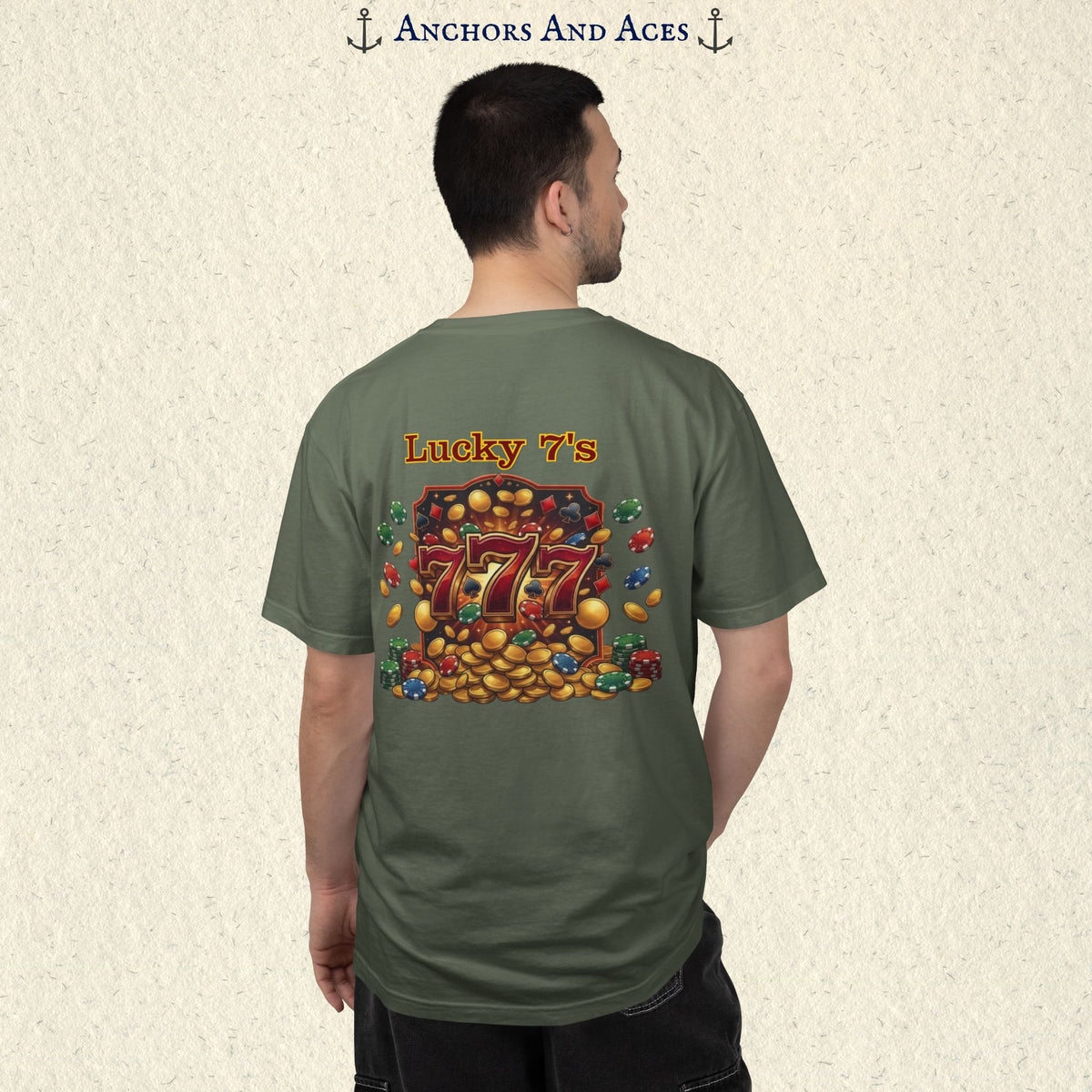 Model wearing a Moss Lucky 777s T-shirt with colorful vintage casino jackpot artwork and Lucky 7s design on the back.