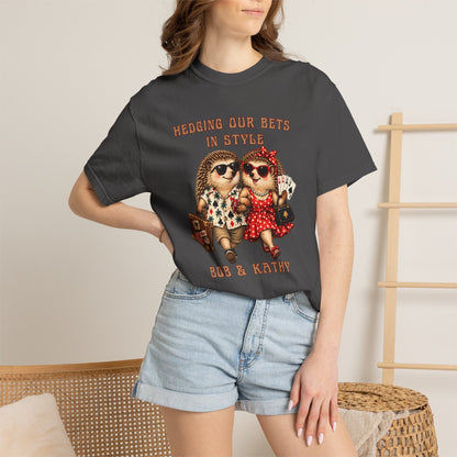 Woman wearing custom hedgehog gambling tee featuring a casino-going couple, playing cards, travel details, and personalized text.