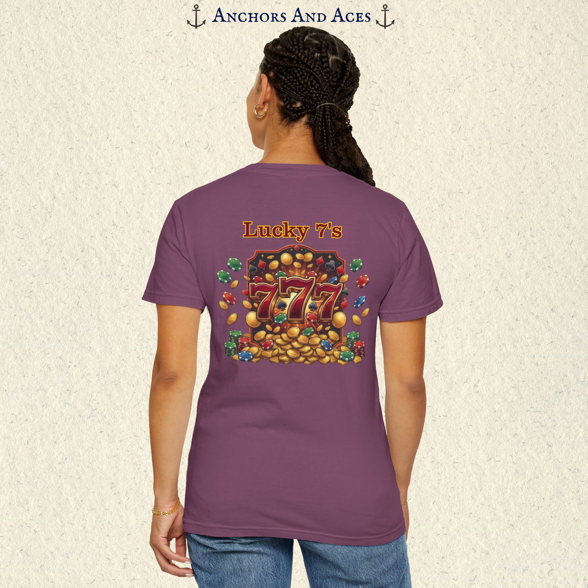 Model wearing a Berry Lucky 777s T-shirt with colorful vintage casino jackpot artwork and Lucky 7s design on the back.