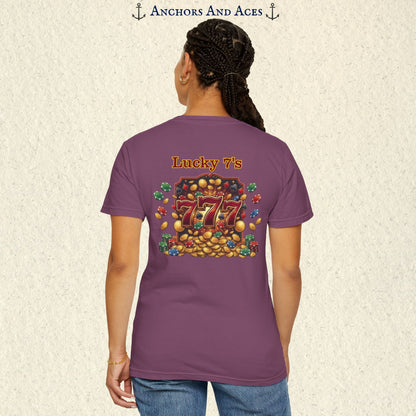Model wearing a Berry Lucky 777s T-shirt with colorful vintage casino jackpot artwork and Lucky 7s design on the back.