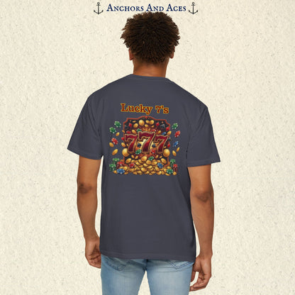 Model wearing a Navy Lucky 777s T-shirt with colorful vintage casino jackpot artwork and Lucky 7s design on the back.