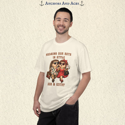 Man wearing personalized casino couples graphic tee with hedgehog gambling artwork and custom text beneath the design.