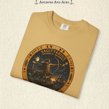 Folded Sagittarius Zodiac Shirt close-up showing the centaur archer, celestial background, and Chase the Horizon text.