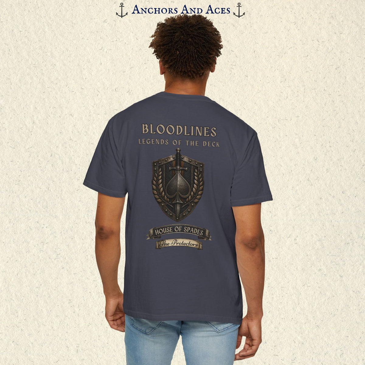 Back view of House of Spades playing card shirt on a male model featuring the medieval-inspired Protectors crest.