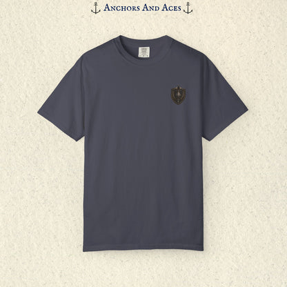 Front view of House of Spades graphic tee showing the small heraldic crest emblem on the chest.