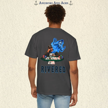 Model wearing RIVERED Texas Hold'em poker graphic tee back view featuring a player at a poker table with playing cards, poker chips, and an electric blue soul rising from his body after a bad beat on the river.  Comfort Colors 1717